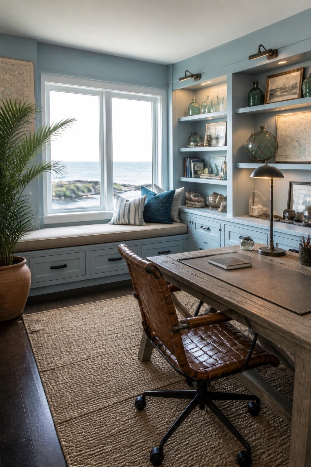 A home office featuring light blue built-in cabinets and shelves along a wall with a large window overlooking the ocean, a wooden desk, and a brown leather office chair on a woven rug.