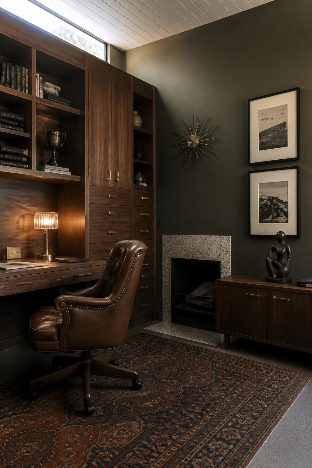 Dark wood study with leather chair, fireplace, starburst decor, and Persian rug.