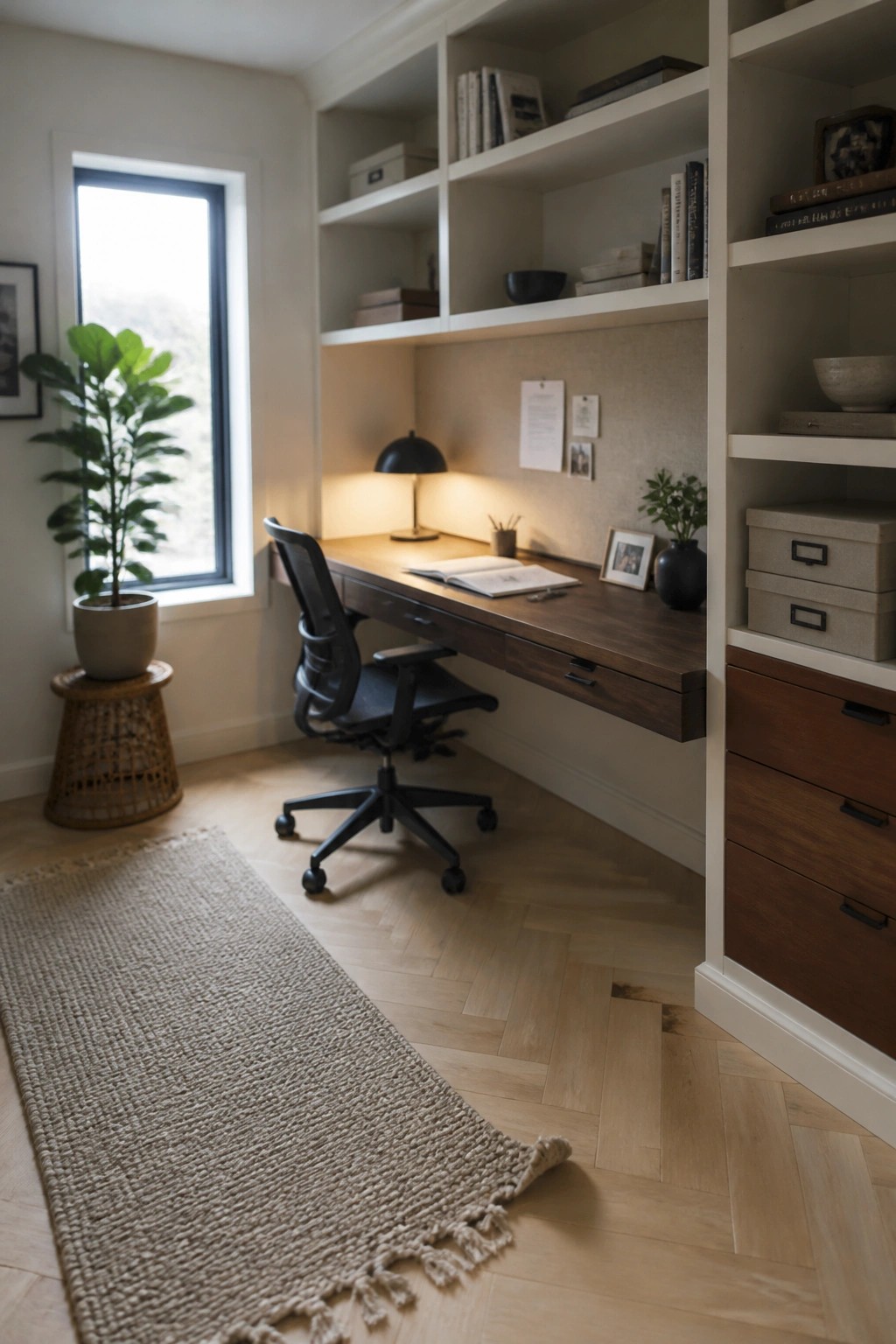 A home office features a wall of built-in white shelves and drawers surrounding a floating dark wood desk, with a black office chair on a light wood floor and a window to the left.