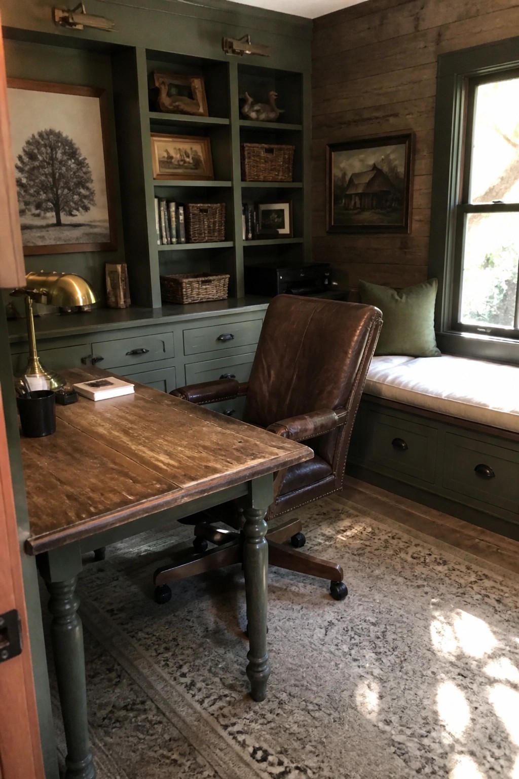 A home office featuring a wooden desk, brown leather swivel chair, and dark green built-in bookshelves and cabinets along the wall.