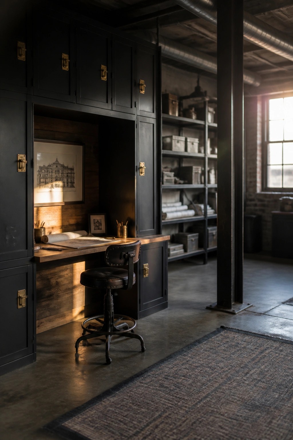 A home office features dark built-in cabinets surrounding a wooden desk with a black stool pulled up to it.