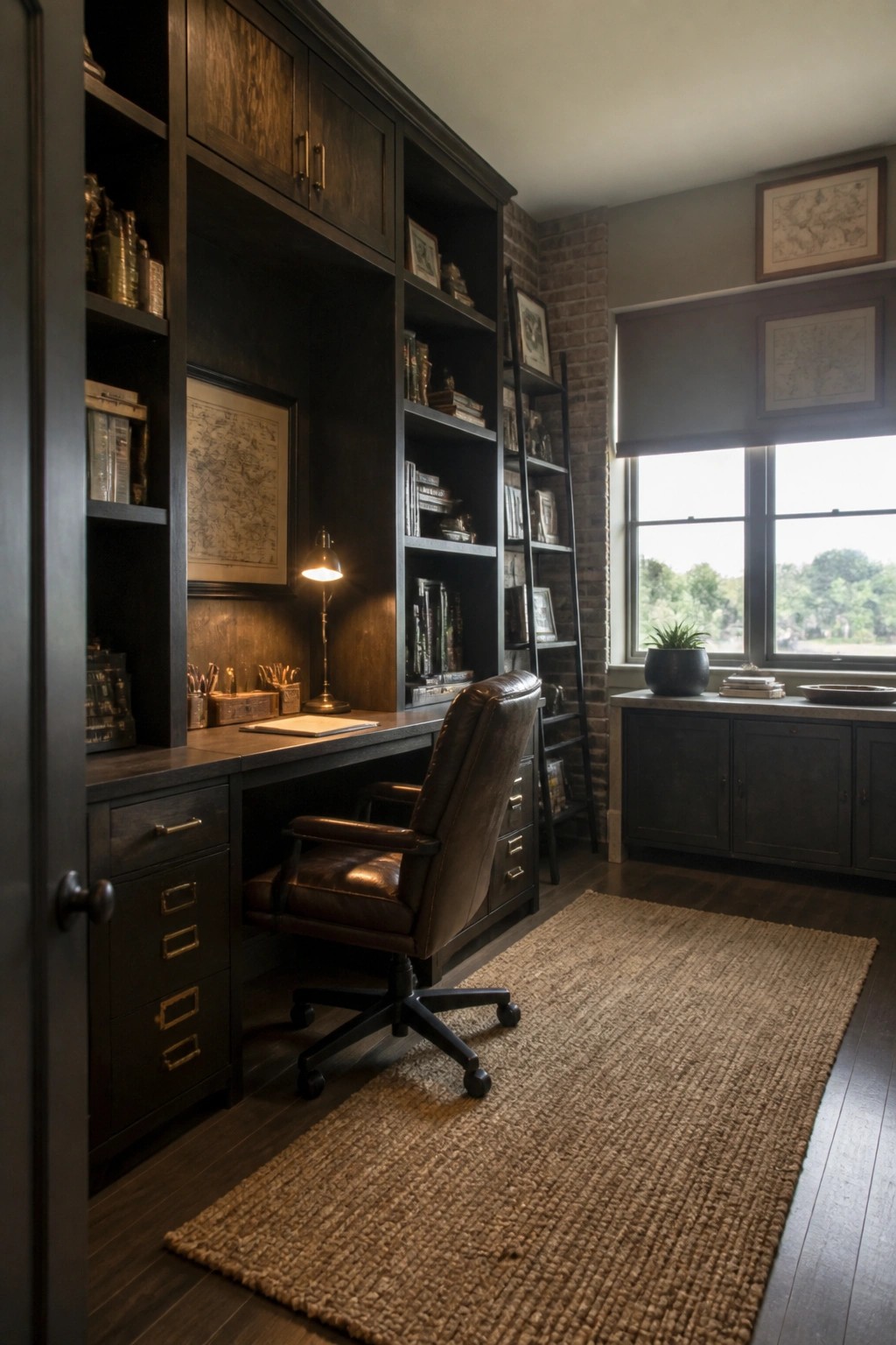 A home office with dark wood built-in bookshelves and cabinets surrounding a central desk, a brown leather office chair, and a woven rug on hardwood flooring.