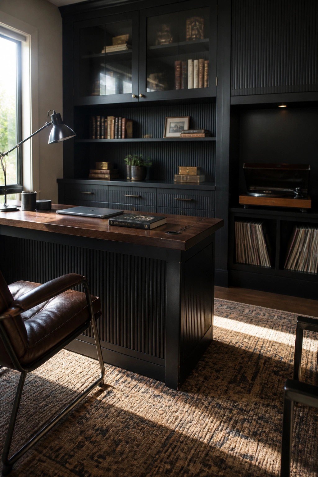 A masculine home office with dark built-in cabinetry, open shelving, a wooden desk, a brown leather chair, and a record player area.