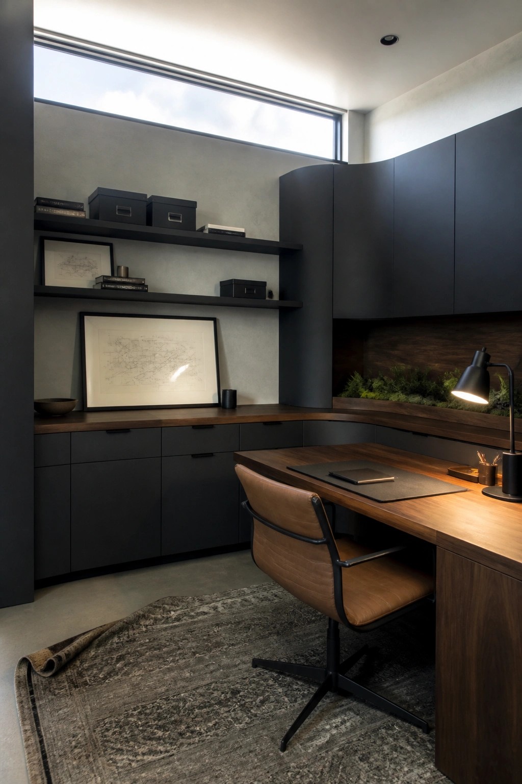 A home office featuring dark built-in cabinets and shelves along the walls, a wooden desk, a brown leather office chair, and a large window above the shelving.