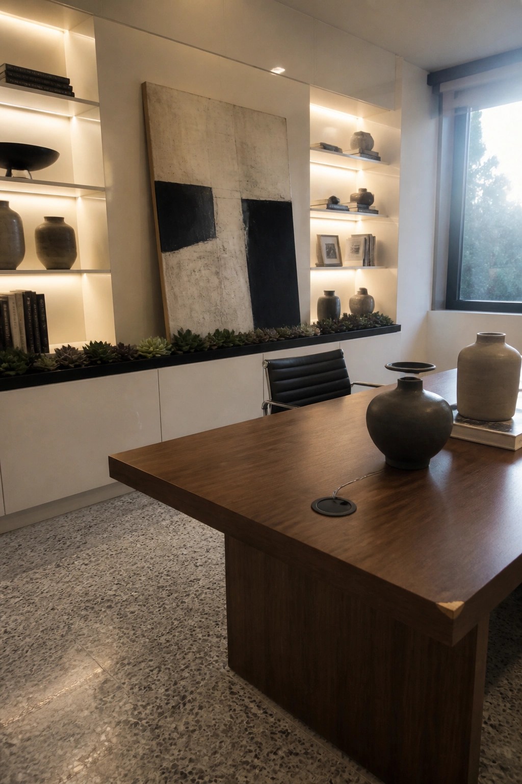 Modern office with wooden desk, abstract painting, illuminated shelves, and black leather chair.