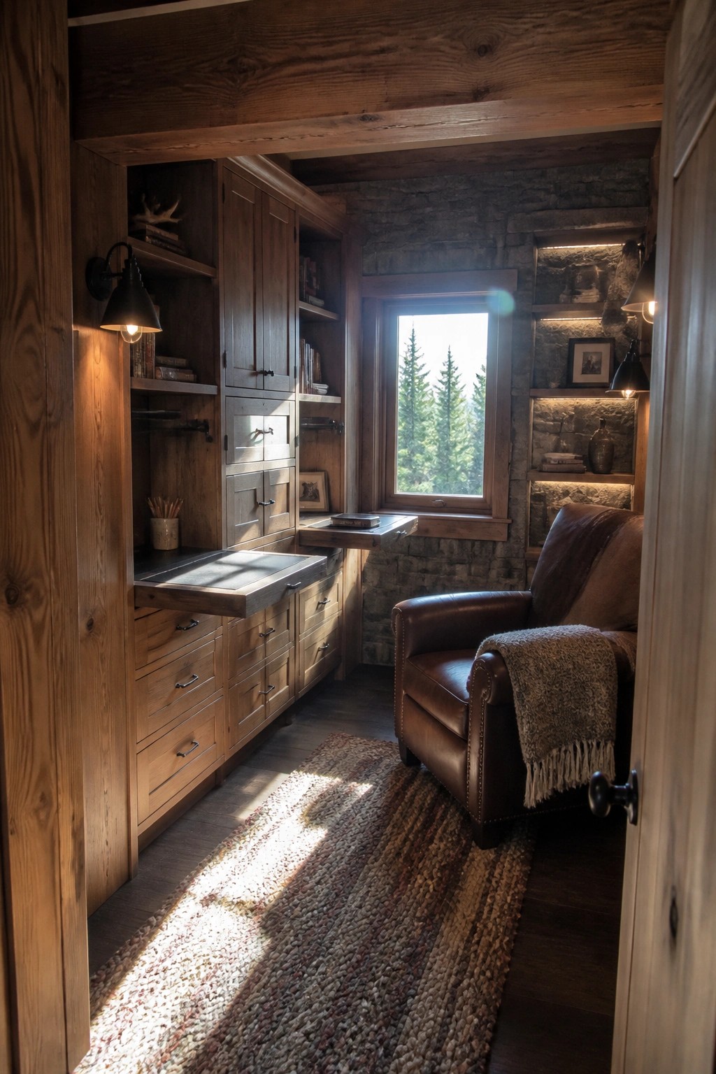 Rustic wooden study with leather armchair, built-in bookshelves, stone wall, and sunlit window