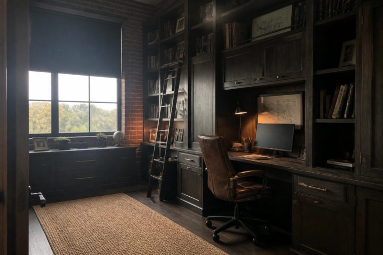 20 Polished Masculine Home Office Ideas Built Around Built-In Storage A home office with dark wood built-in bookshelves and cabinets surrounding a central desk, a brown leather office chair, and a woven rug on hardwood flooring.