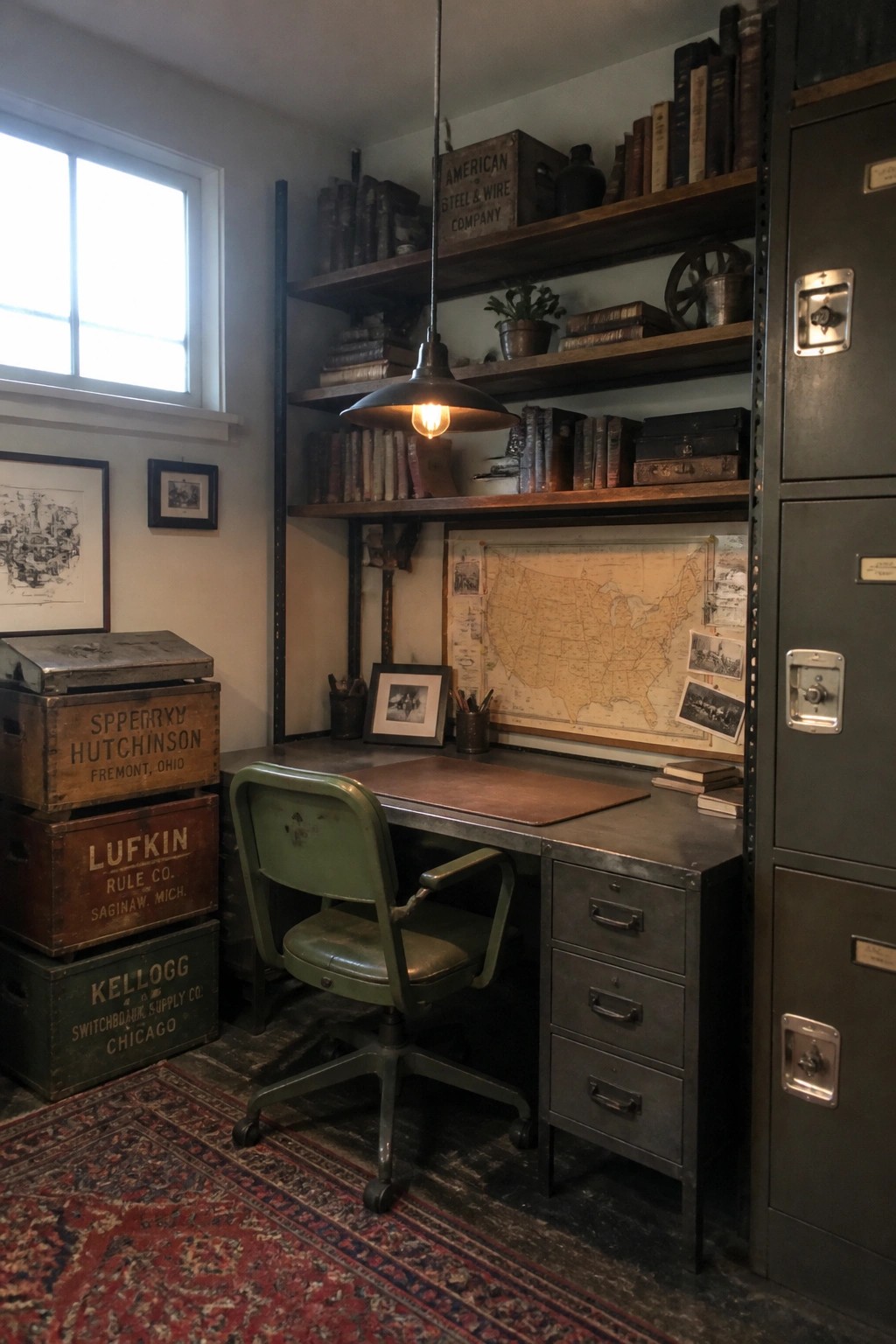 A home office features a wooden desk with a green chair, a large map on the wall, open wooden shelves holding books and objects, and tall metal storage cabinets on the right side.