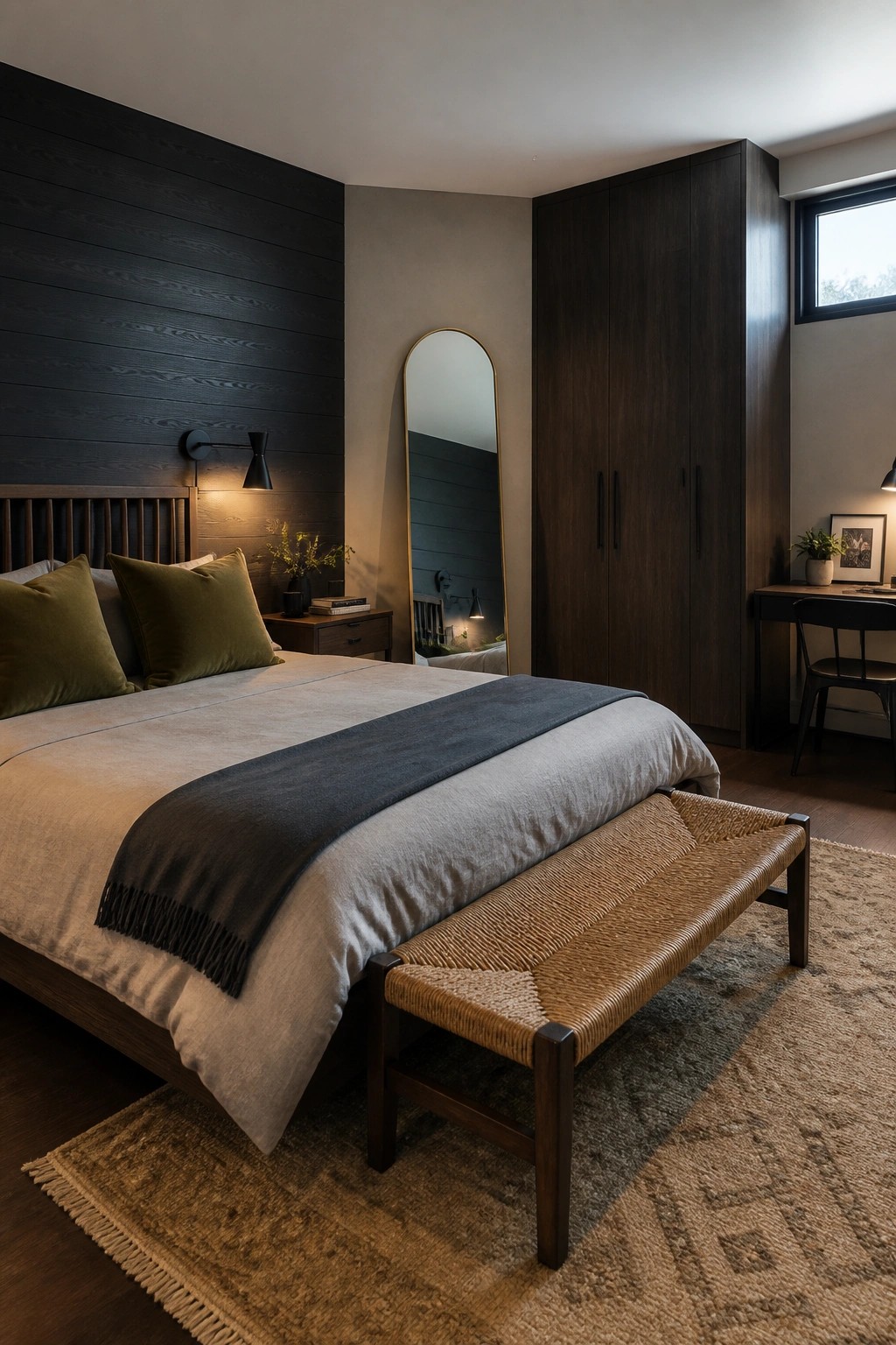 A bedroom featuring dark wood paneling behind the bed, an arched floor mirror, a tall dark wood wardrobe, and a woven bench on a rug.