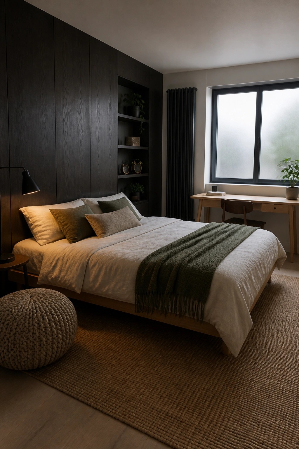 A bedroom with a large bed against a dark wood paneled wall, built-in shelves, a window with a desk, and a woven rug on the floor.