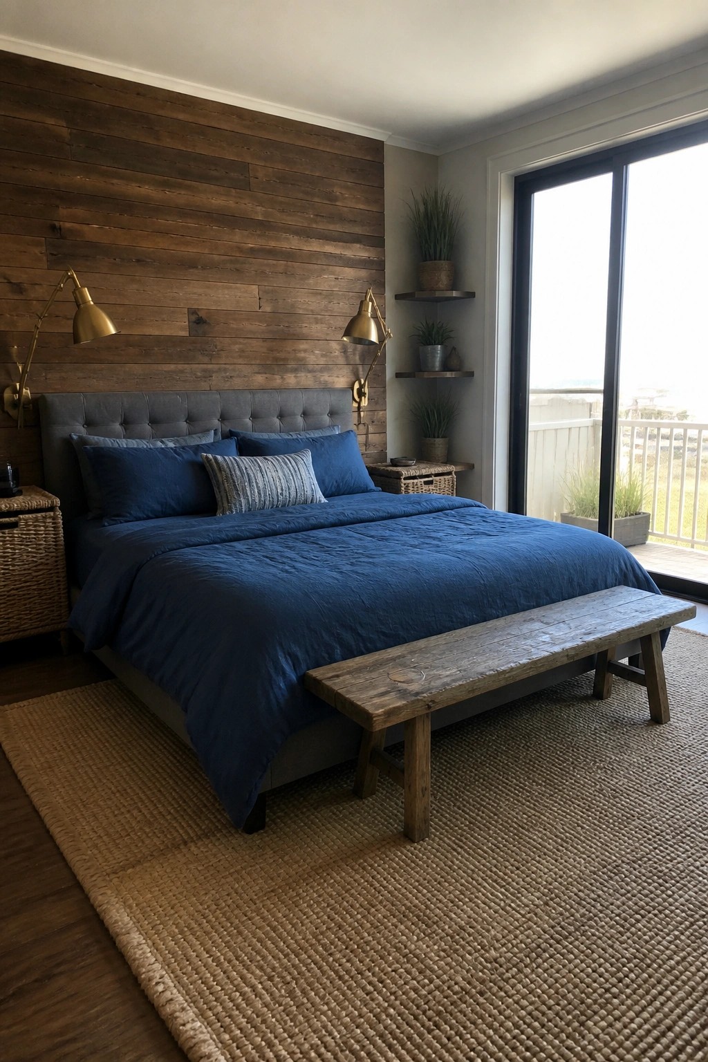 A bedroom with a bed dressed in blue linens set against a full dark wood paneled wall, flanked by brass sconces and a wooden bench at the foot of the bed.