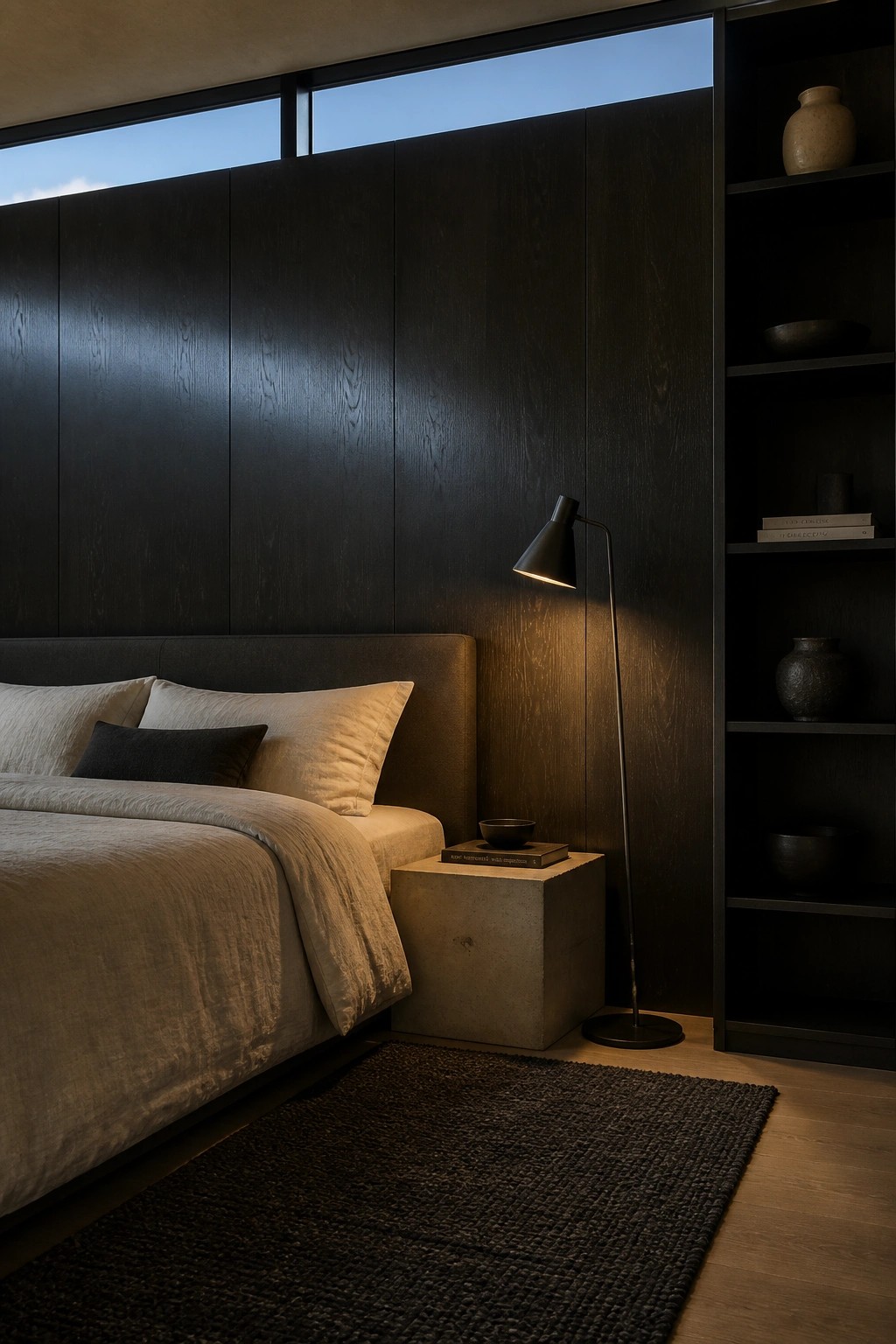 A bedroom with a bed against dark wood paneled walls, a black floor lamp, and a concrete nightstand on a wooden floor.