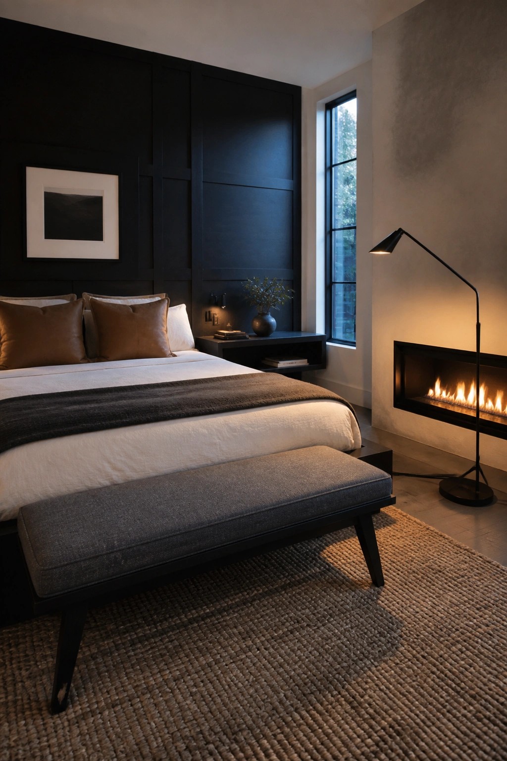 A bedroom with a bed in white linens and brown pillows against a full wall of dark wood paneling, a gray bench at the foot, and a modern fireplace to the right.