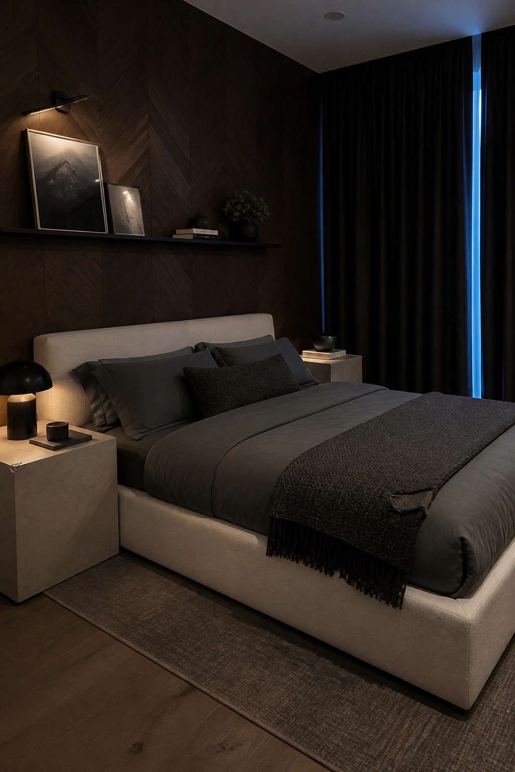 A bedroom featuring a bed with dark gray bedding against a dark herringbone wood paneled wall, with floating shelves holding framed pictures and small decor items.