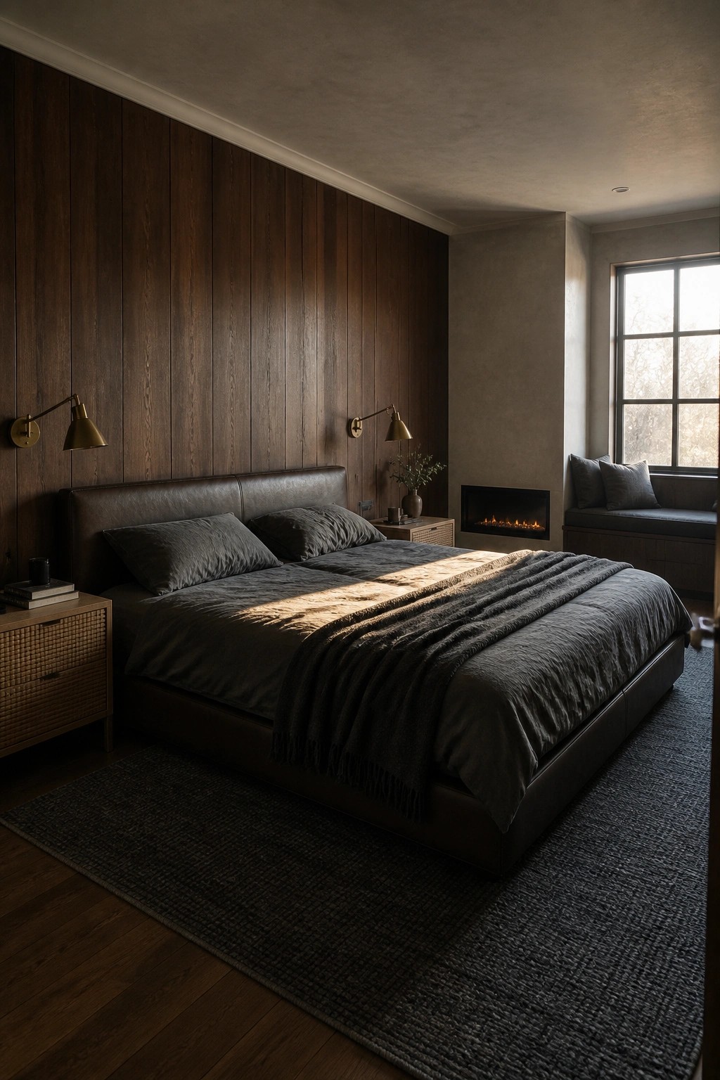A bedroom featuring a dark leather bed against a full wall of vertical dark wood paneling, with wall sconces, a fireplace, and a window seat visible on the right.