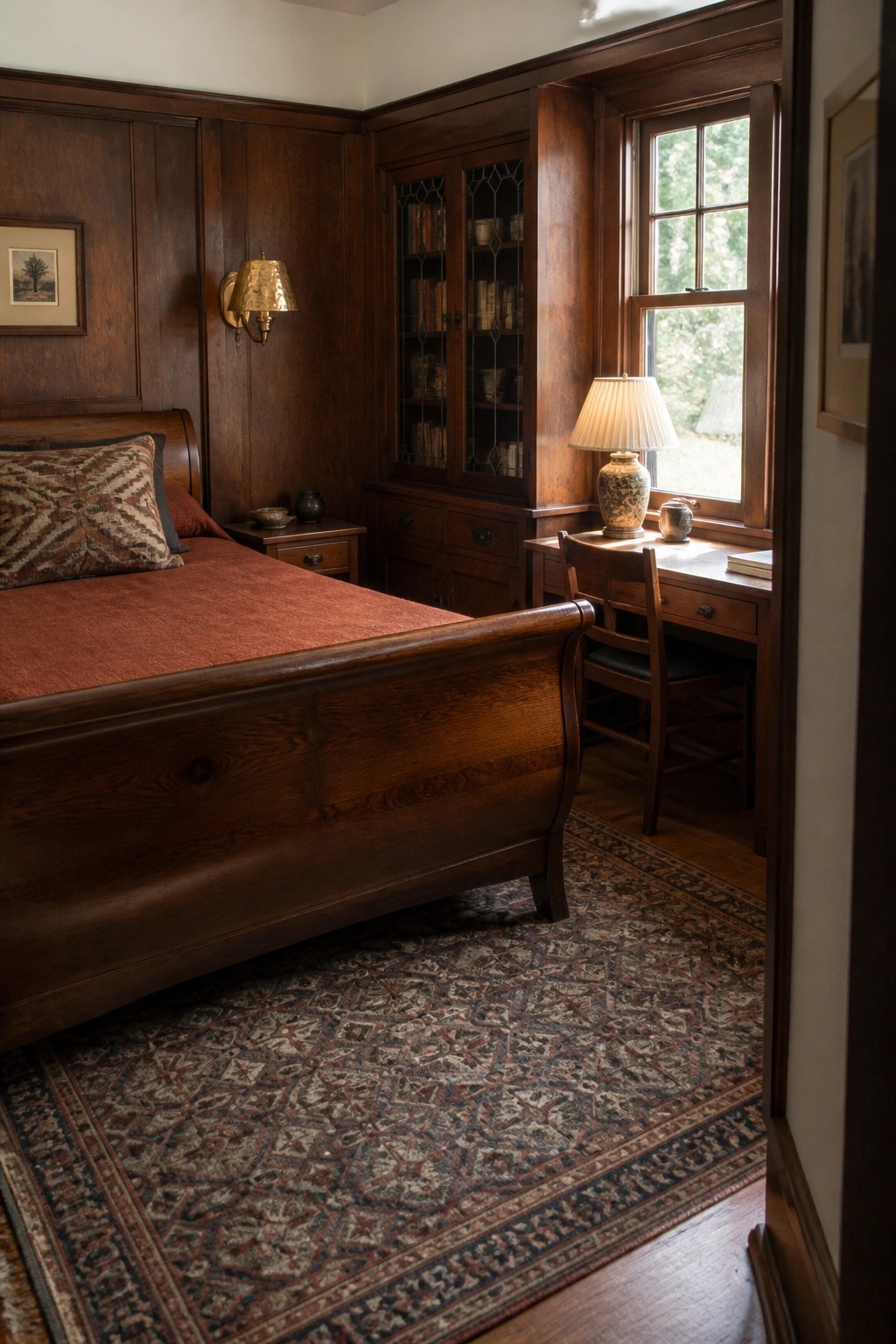 A bedroom with dark wood paneling on the walls, a wooden sleigh bed with red bedding, a built-in bookcase, and a desk under a window.