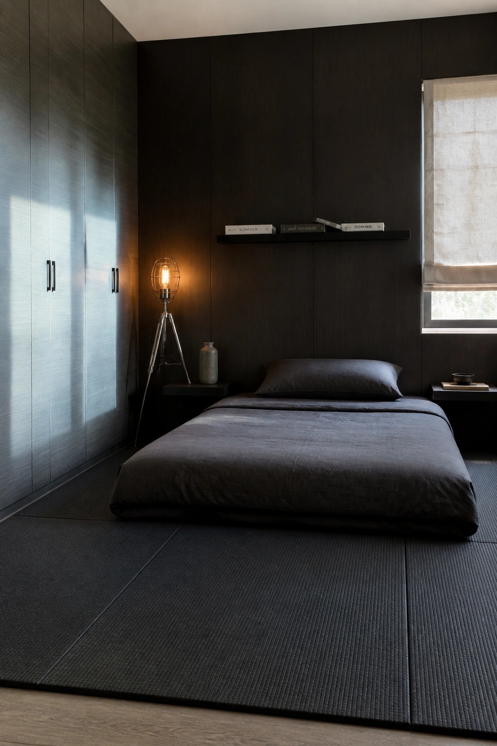 A bedroom with full dark wood wall paneling, a low dark bed on tatami flooring, and a tripod floor lamp beside a floating shelf.