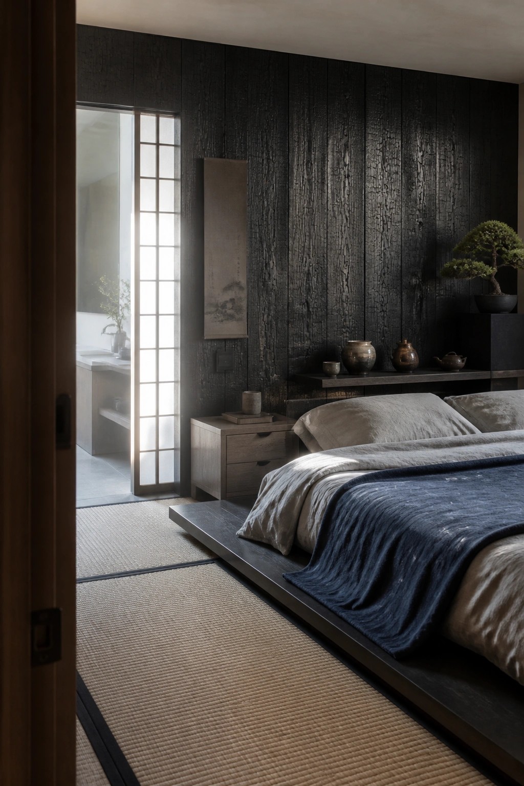 A bedroom interior featuring dark vertical wood paneling on the walls, a low platform bed with neutral and blue bedding, tatami mats on the floor, and a shoji screen door opening to an adjacent room.