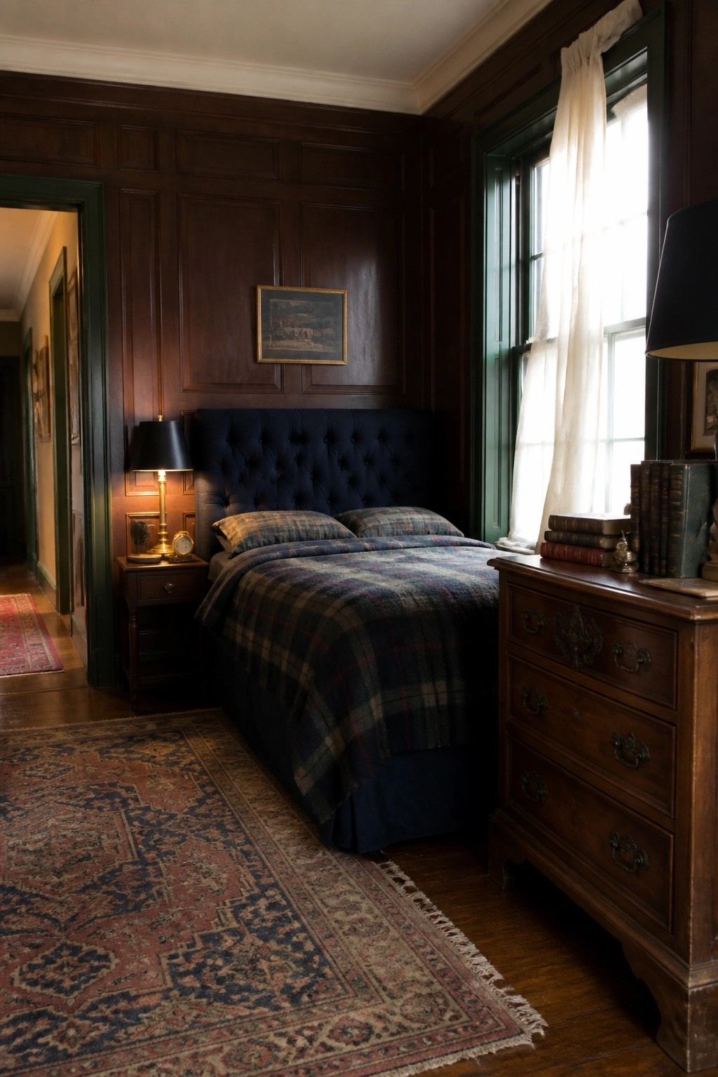 A bedroom with full dark wood paneling on the walls, a navy tufted headboard against the back wall, plaid bedding, a wooden nightstand with a lit lamp, and a wooden dresser beside a window with books stacked on top.