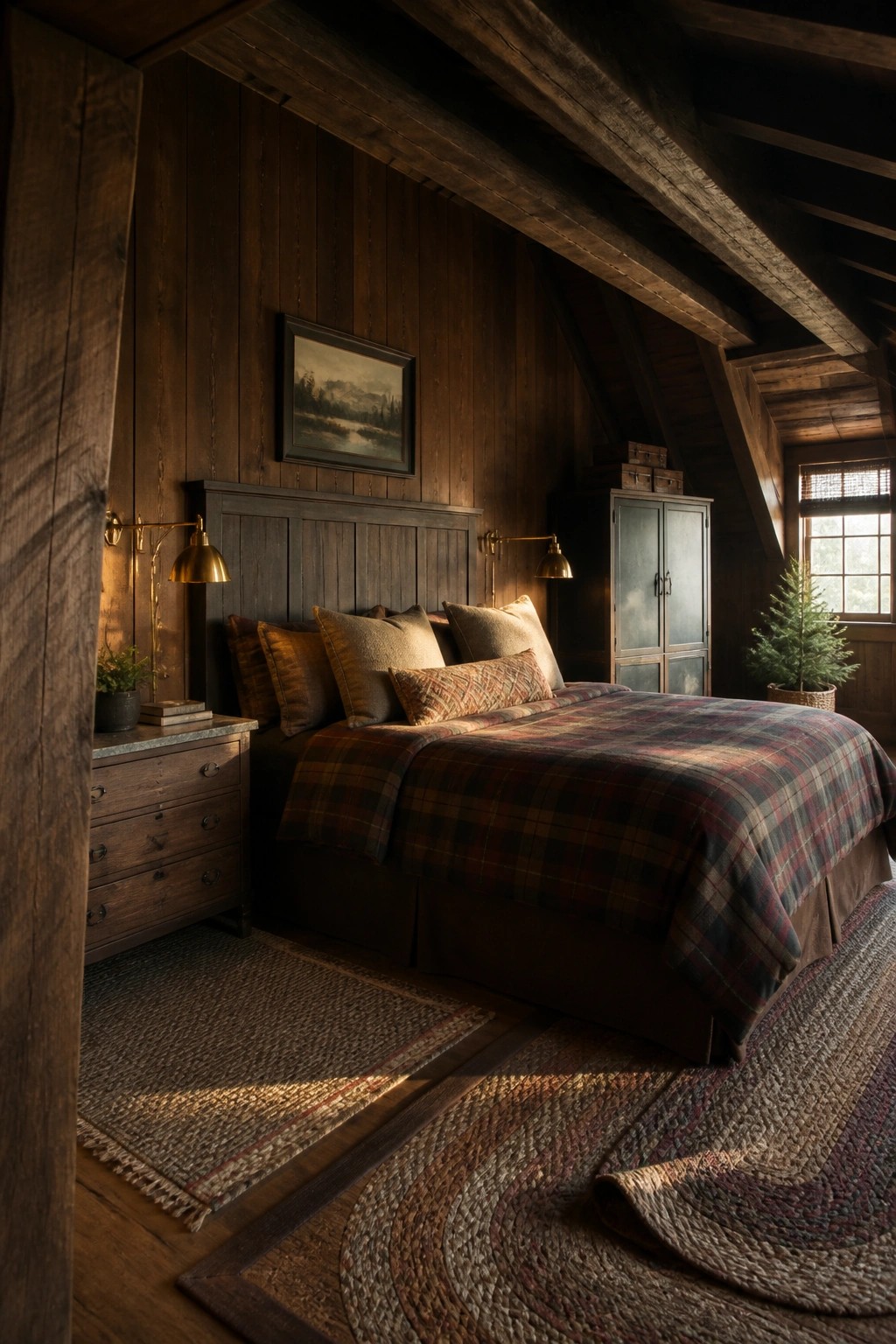 Rustic wooden bedroom with plaid bed, brass lamps, and woven rugs in sunlight.