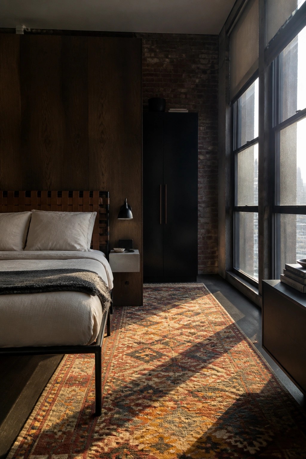Sunlit bedroom with woven headboard bed, colorful rug, and dark wood accents.