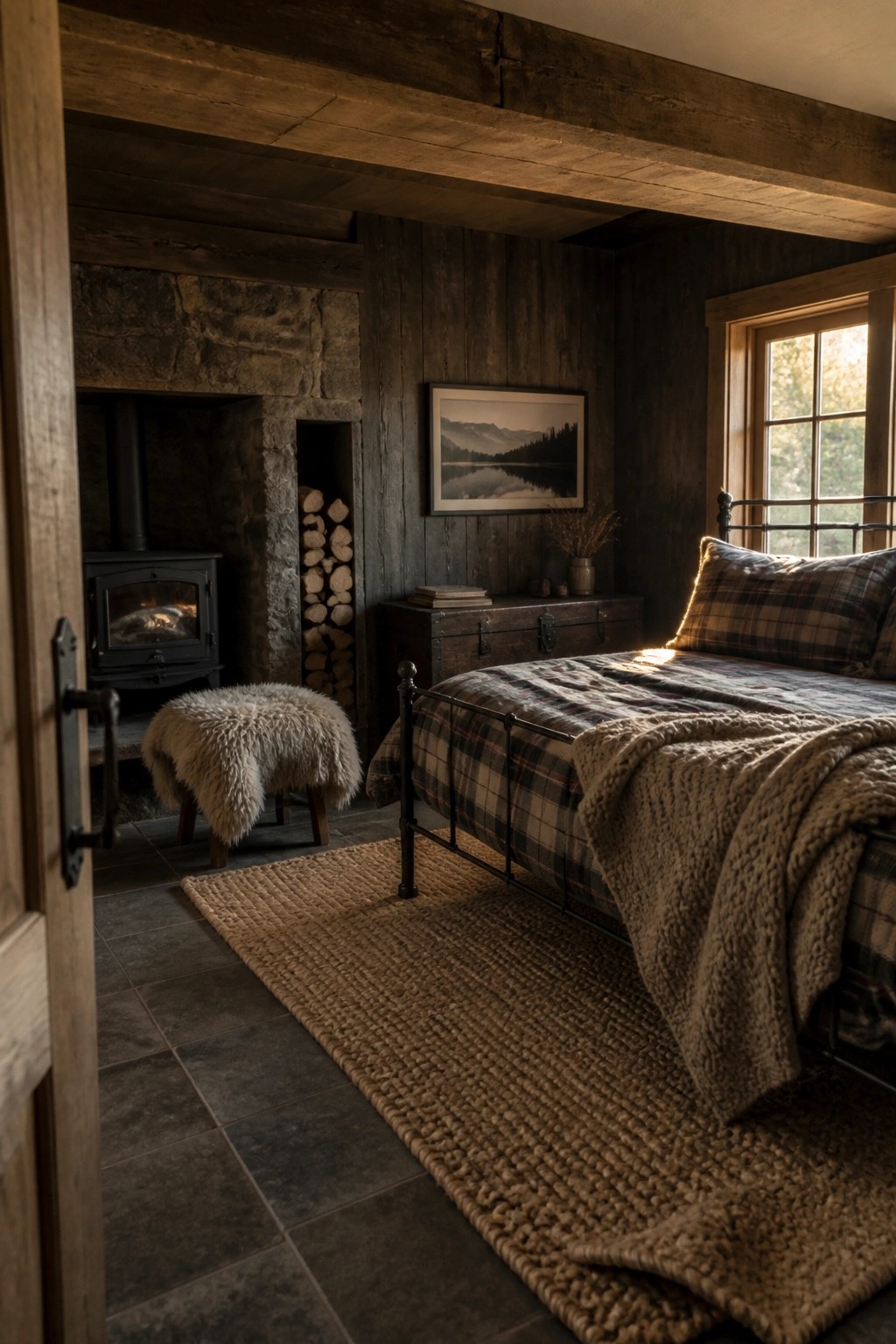 A bedroom with dark wood paneled walls, a stone fireplace, a black metal bed with plaid bedding, and a woven rug on dark tile flooring.