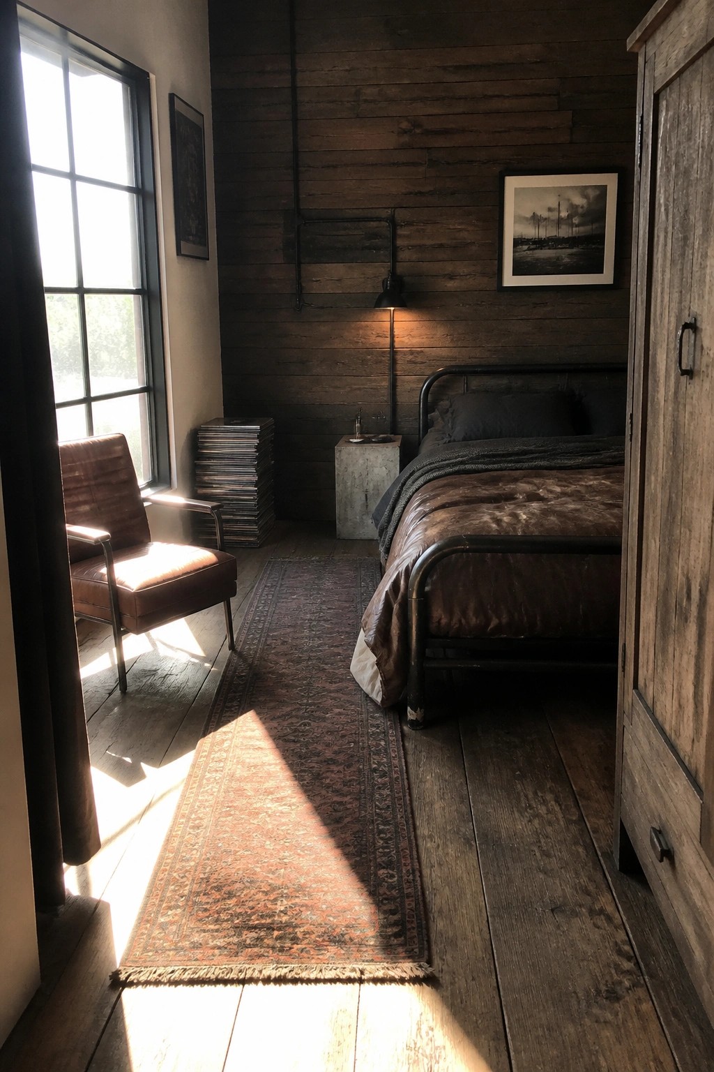A bedroom with dark wood paneled walls, a metal bed with brown bedding, a leather chair near a window, stacked records, and a patterned runner rug on wood flooring.