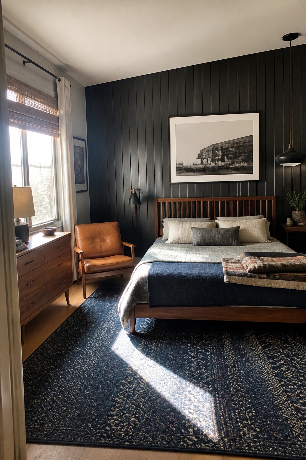 A bedroom with dark vertical wood paneling on the back wall, a wooden bed with blue and beige bedding, a brown leather chair, a large patterned rug, and a window with woven shade on the left.