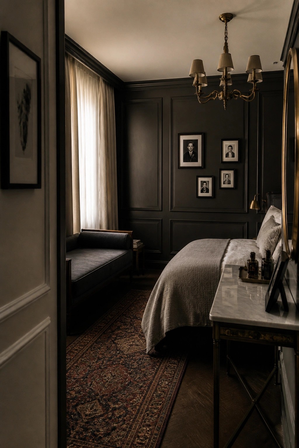 Dark bedroom with chandelier, bed, daybed, paneled walls, framed portraits, and patterned rug.