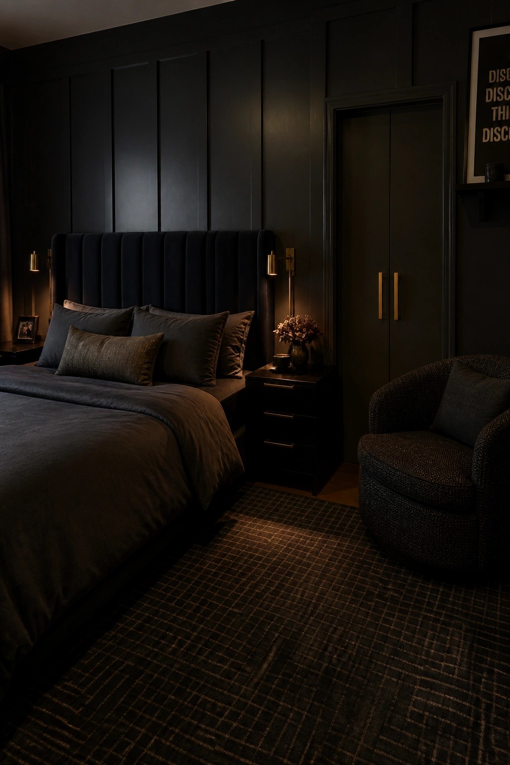 A bedroom featuring dark wood paneled walls, a large upholstered bed with dark bedding, wall sconces, a nightstand with a vase, a dark armchair, and a patterned rug.