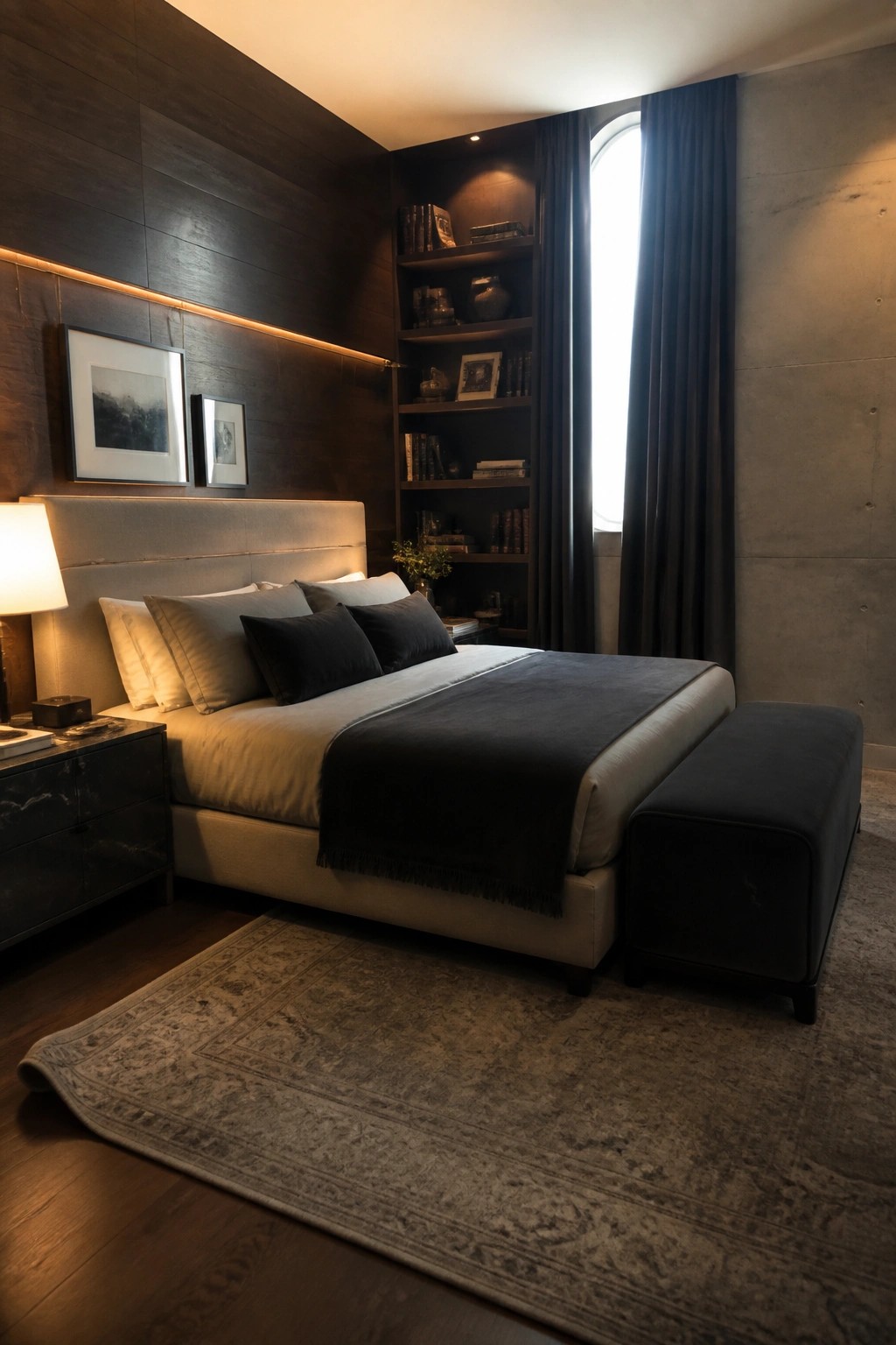 Luxurious modern bedroom with upholstered bed, built-in bookshelves, arched window, and patterned rug