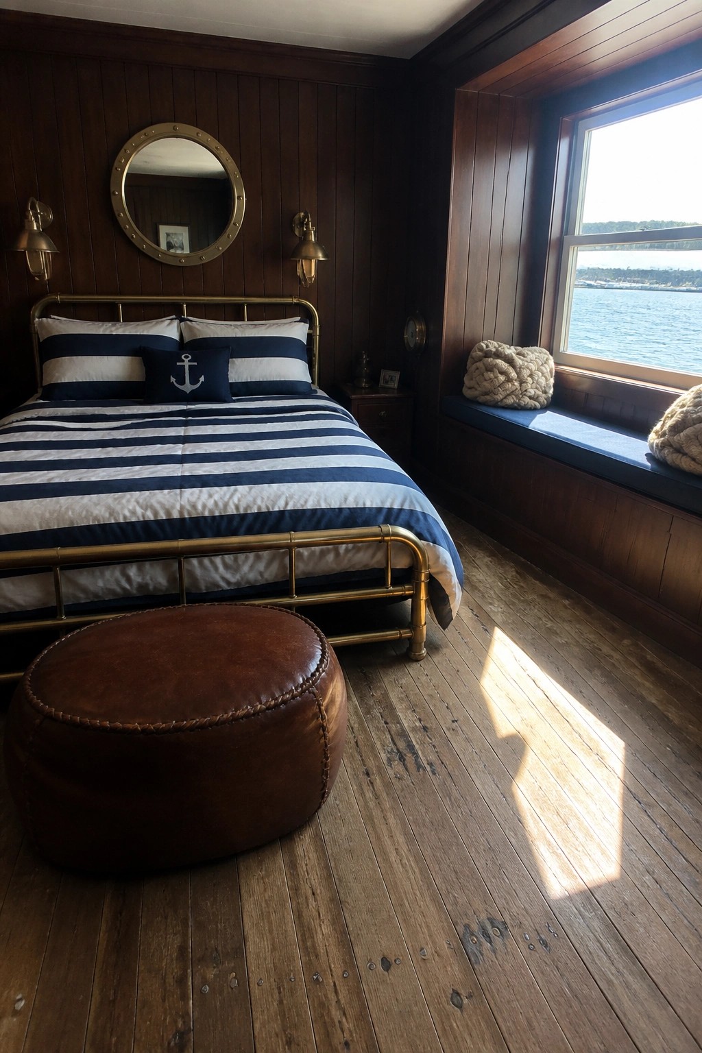 A bedroom interior featuring dark wood paneled walls, a brass bed with blue and white striped bedding, a round porthole mirror above the headboard, and a large window with a built-in seat overlooking water.