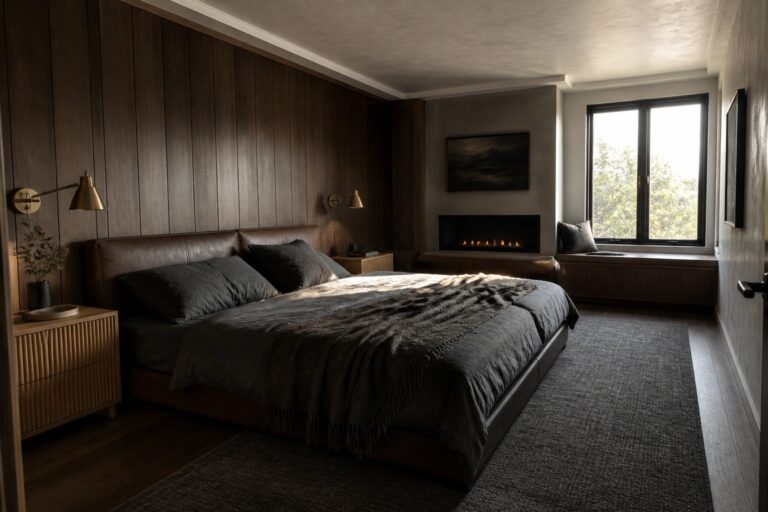 20 Refined Masculine Bedrooms Using Dark Wood Paneling A bedroom featuring a dark leather bed against a full wall of vertical dark wood paneling, with wall sconces, a fireplace, and a window seat visible on the right.