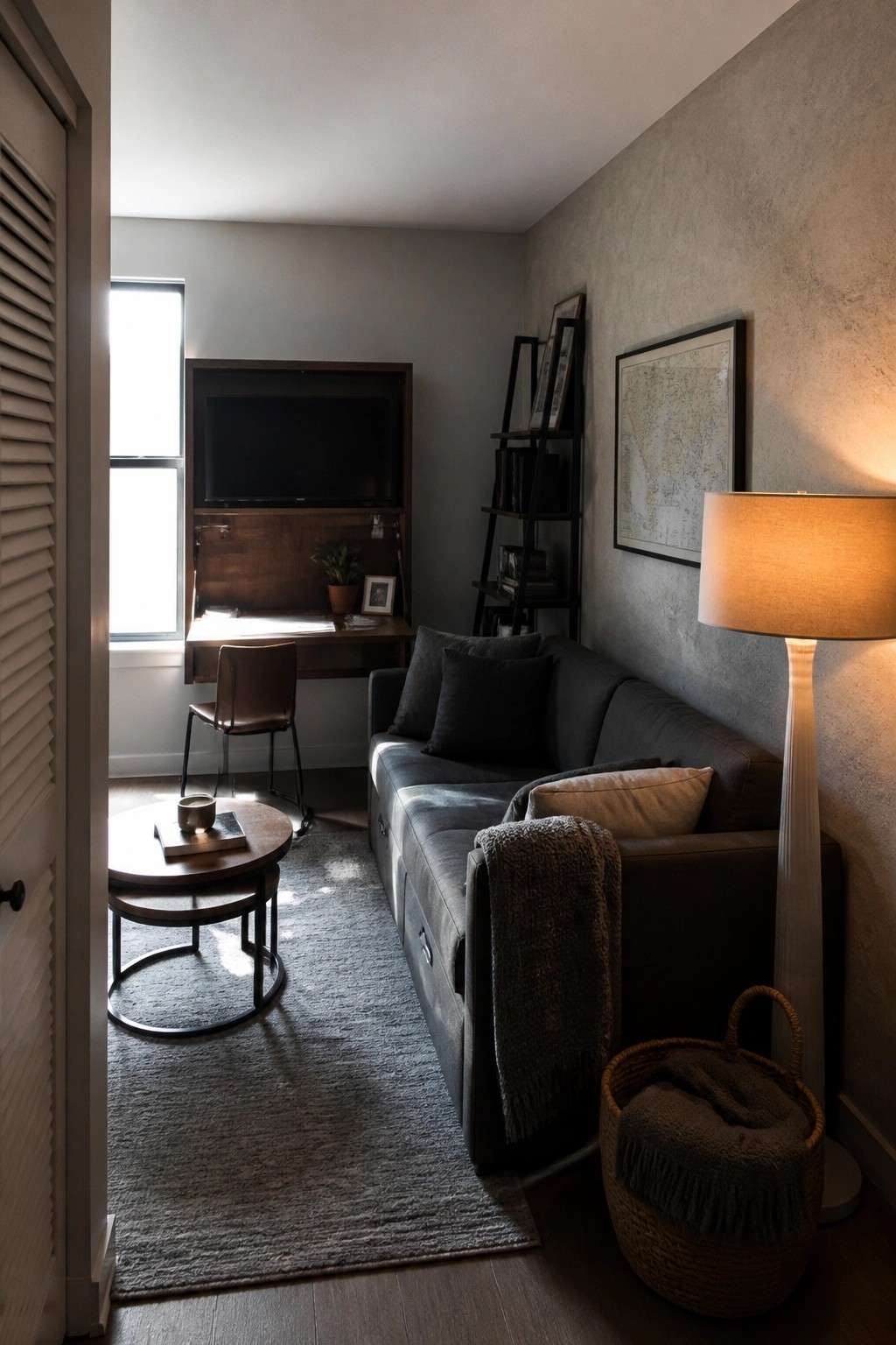 A small masculine living room with a dark gray sofa, round coffee table on a gray rug, and a built-in wood media unit holding a TV above a desk area next to a window.