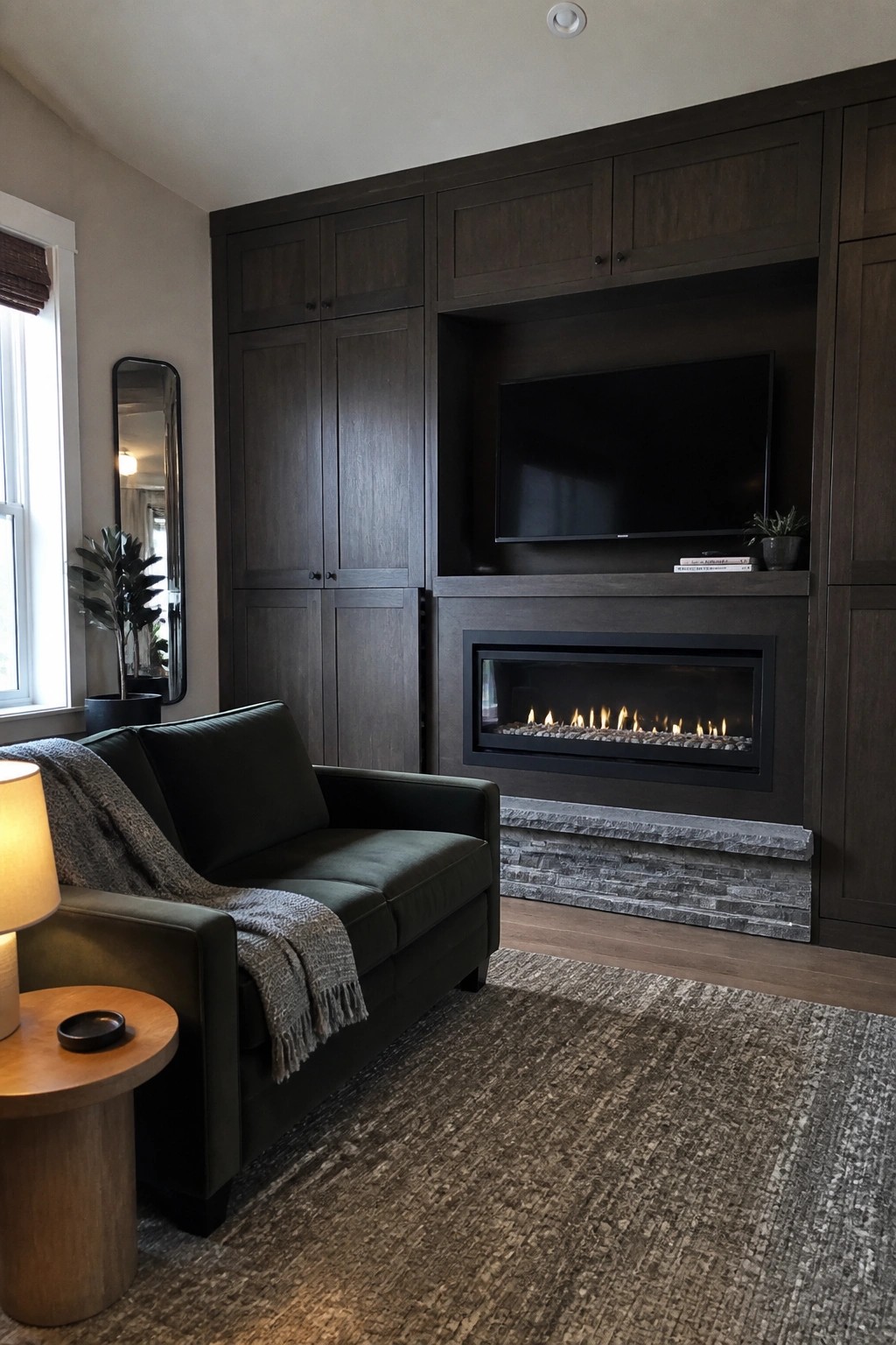 A compact living room featuring dark wood built-in cabinetry surrounding a linear fireplace and wall-mounted television, with a dark green sofa and area rug in the foreground.