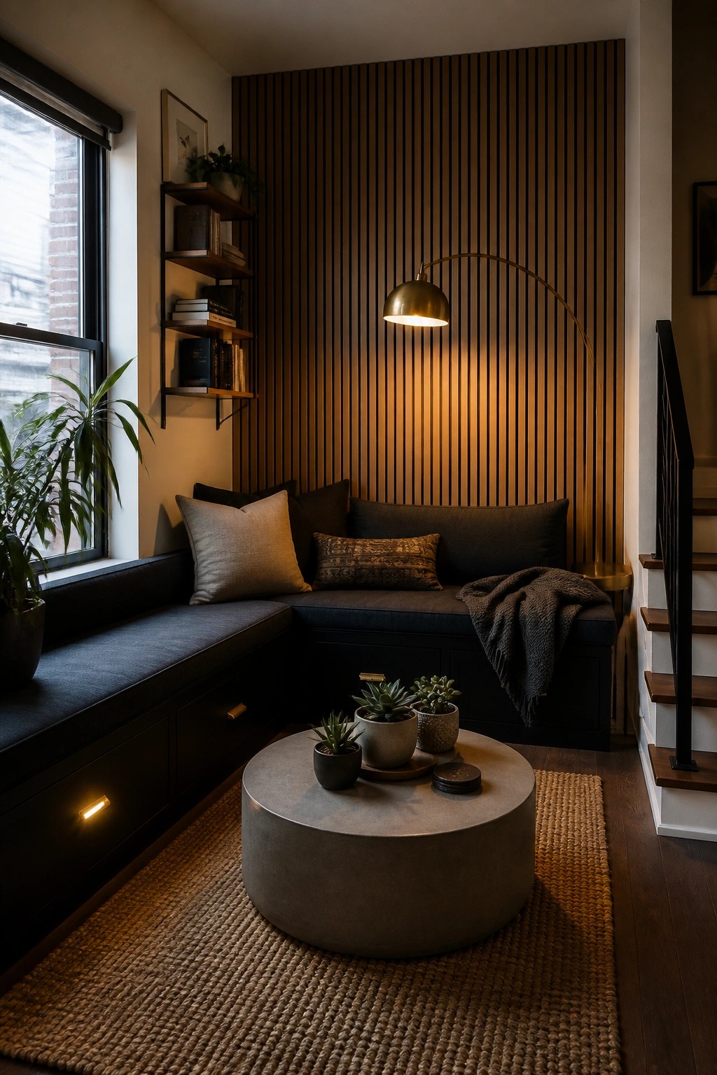A small living room corner with L-shaped dark built-in bench seating, wood slat wall, round concrete coffee table, and wall-mounted bookshelves beside a window.