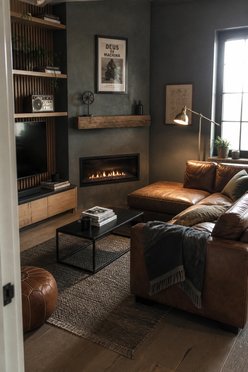 A compact living room with dark gray walls, a brown leather sectional sofa, a black coffee table, a built-in wood shelving unit with TV, and a linear fireplace with a floating wooden mantel.