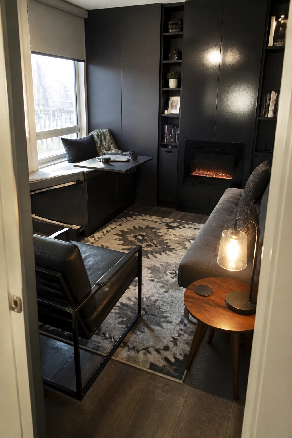 A compact dark living room featuring black built-in cabinets and shelves around an electric fireplace, a gray sectional sofa, a black leather chair, a patterned rug, and a window seat with cushions.