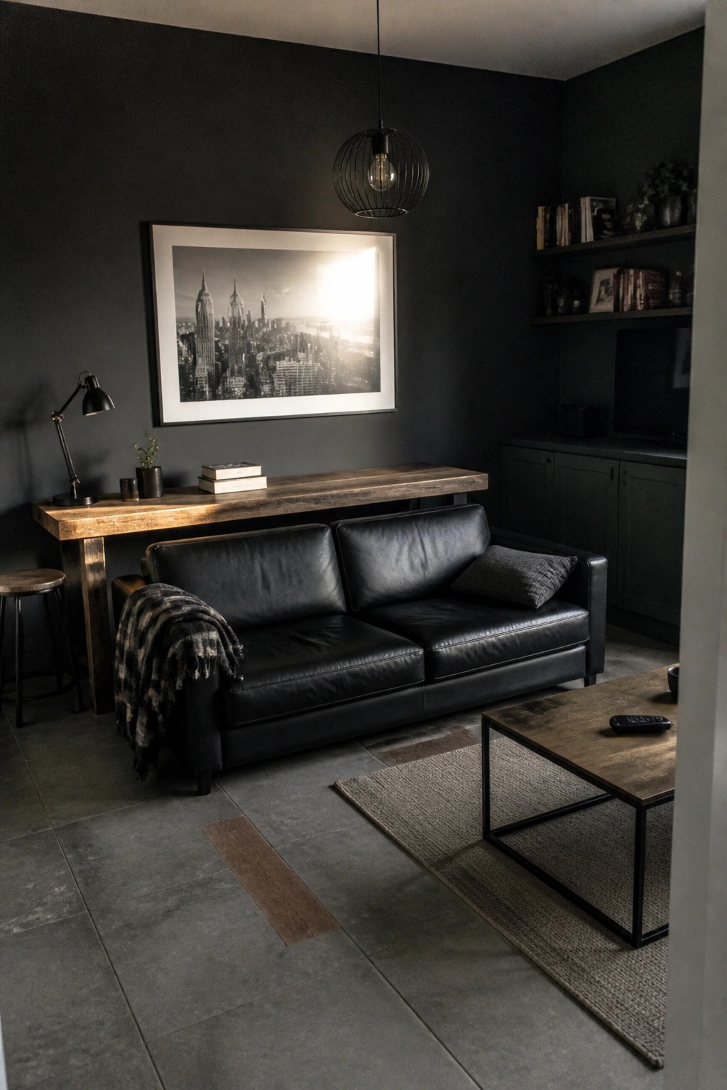 A compact living room with dark gray walls, a black leather sofa, and a long wooden console table along the back wall.