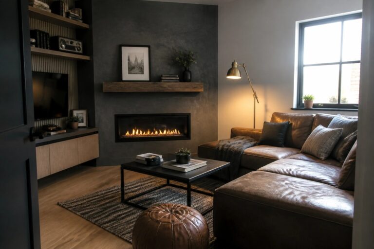20 Smart Small Masculine Living Room Ideas for Apartments and Compact Homes A compact living room with dark gray walls, a brown leather sectional sofa, a black coffee table, a built-in wood shelving unit with TV, and a linear fireplace with a floating wooden mantel.