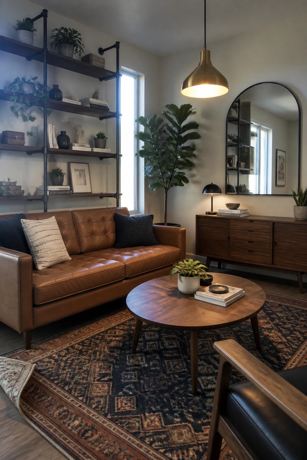 A compact living room with a brown leather sofa, round wooden coffee table, industrial wall shelves, and a patterned area rug.