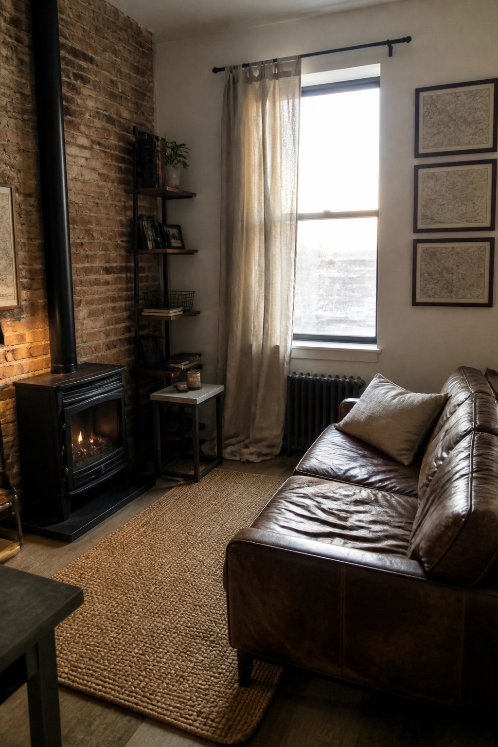 Cozy living room with brown leather sofa, brick wall wood stove, and woven rug