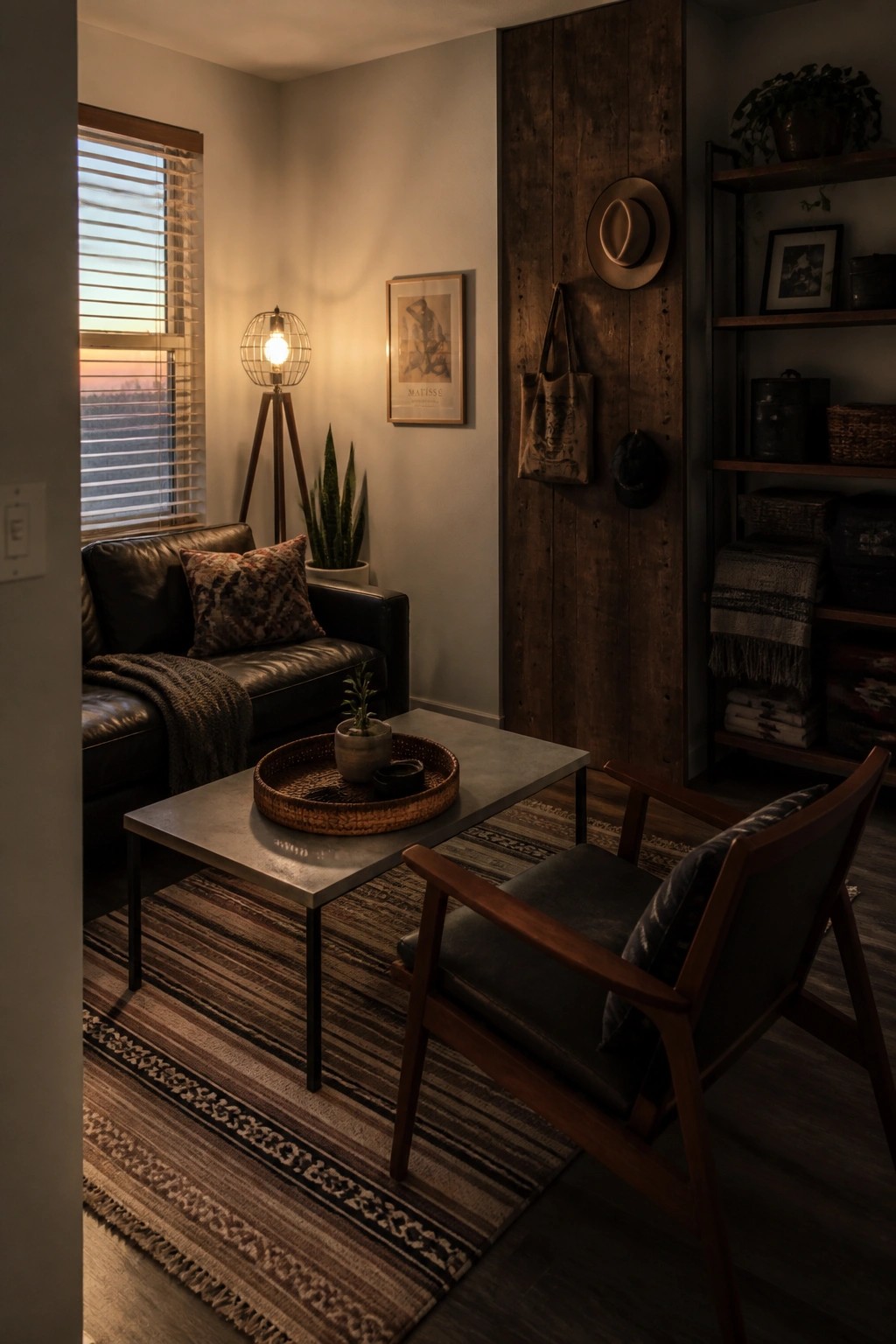 A compact living room featuring a black leather sofa, a wooden armchair, a metal coffee table, a tripod floor lamp, and a striped area rug.