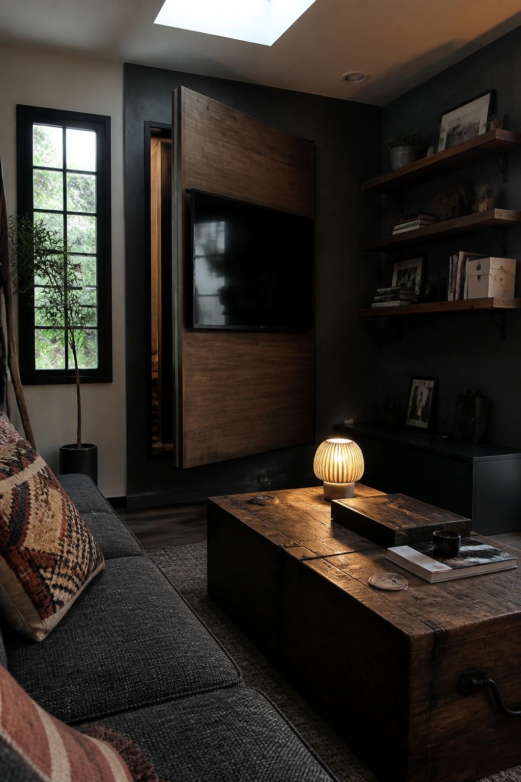 A small living room with a television mounted on a large wooden panel set into a dark wall, a wooden chest used as a coffee table, floating shelves on the right, and a window on the left.