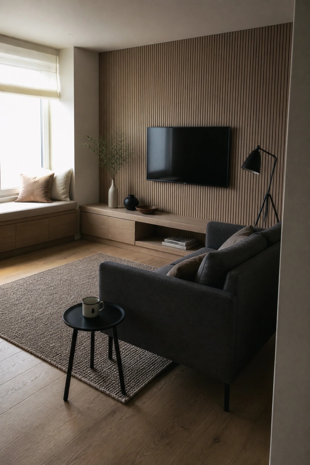 A compact living room featuring a dark gray sofa facing a wall-mounted TV on a vertical wood slat accent wall with a low wooden media console underneath.