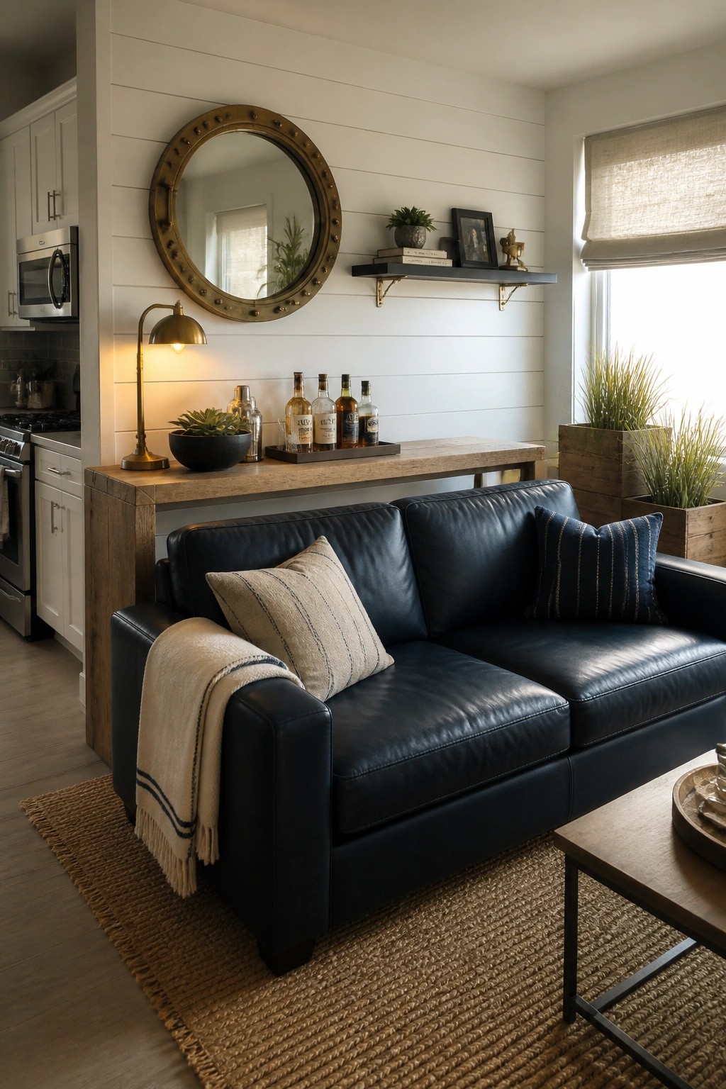 A navy leather sofa sits in front of a wooden console table in a compact living room with white shiplap walls and a round mirror above the table.