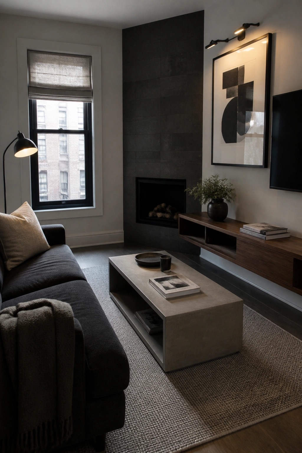 A compact living room featuring a dark gray sofa, concrete coffee table on a woven rug, dark tiled fireplace wall, and floating wood media console.