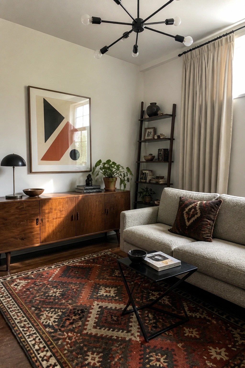 A compact living room featuring a beige sofa, wooden sideboard with abstract art above it, leaning wooden ladder shelf, black coffee table on a patterned rug, and a modern black chandelier.