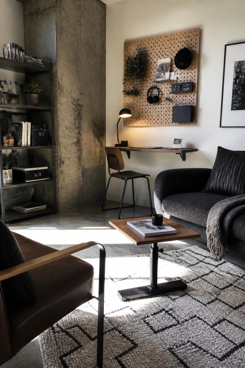 Modern industrial room with pegboard desk, sofa, leather chair, and patterned rug