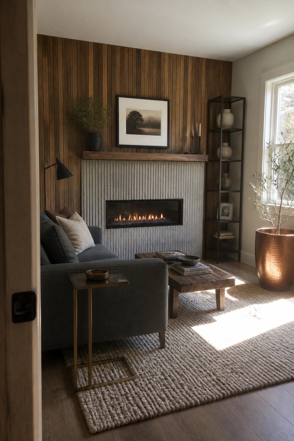Living room with vertical wood paneling above a fireplace that has a corrugated metal surround, a gray sofa, wooden coffee table, and woven rug.